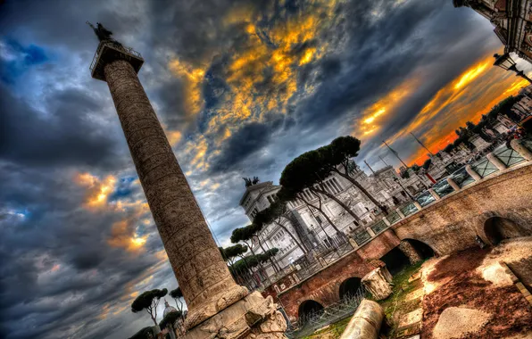 Небо, облака, hdr, Рим, Италия, колонна, площадь Венеции, Витториано
