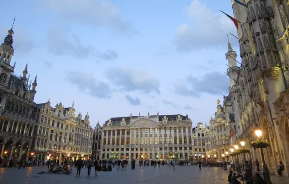 Вечер, площадь, Бельгия, Брюссель, square, Belgium, Brussel