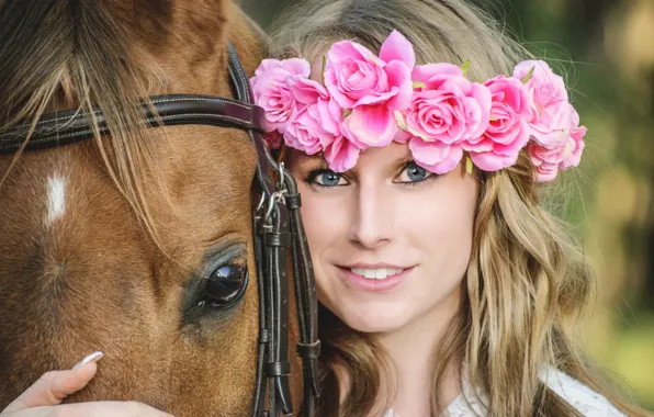 Картинка взгляд, девушка, цветы, лицо, улыбка, настроение, конь, лошадь