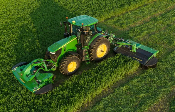 Трава, работа, трактор, кабина, колёса, John Deere, косилка, сельскохозяйственная техника
