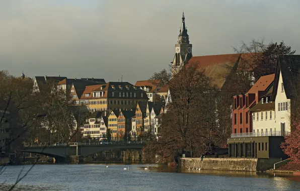 Картинка небо, мост, река, дома, Германия, Тюбинген