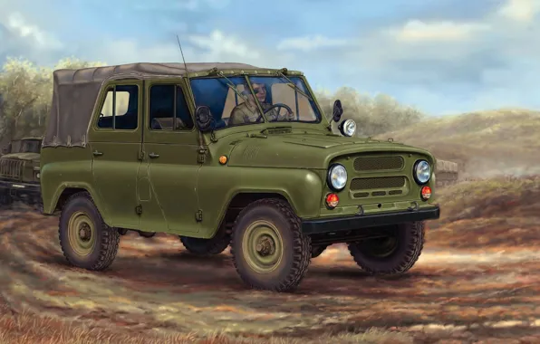 Картинка машина, арт, внедорожник, автомобиль, колонна, армейский, советский, УАЗ-469
