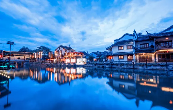 Картинка огни, отражение, дома, Китай, Xitang