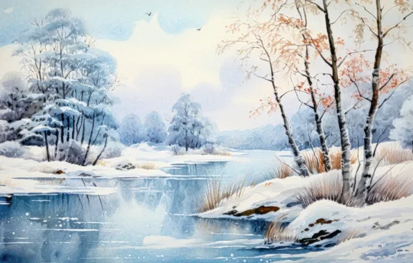 Картинка картина, холст, снег, зима, ИИ-арт, природа, деревья, берег