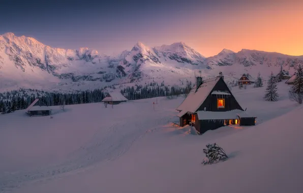 Картинка зима, снег, горы, изба, winter, mountains, snow, hut