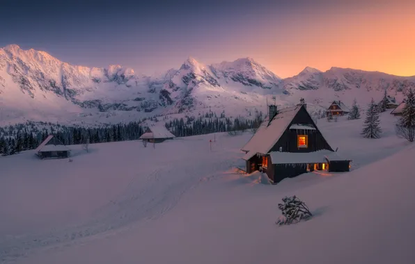 Зима, снег, горы, изба, winter, mountains, snow, hut