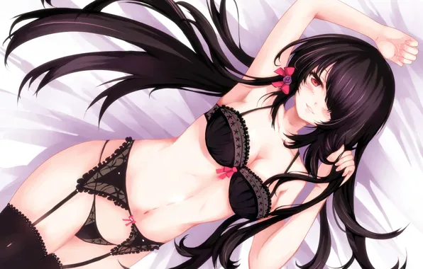 Girl, sexy, lingerie, bra, cleavage, panties, thighhighs, long hair