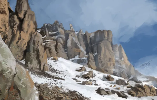Картинка холод, снег, горы, камни, скалы, арт