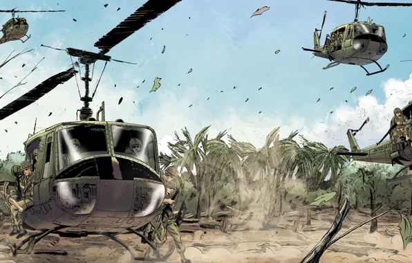 Картинка пальмы, рисунок, вертолеты, Вьетнам, десант, высадка, Bell, пехота