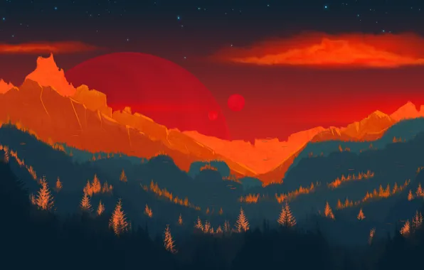 Горы, Лес, Планета, Вид, Планеты, Fantasy, Пейзаж, Planets