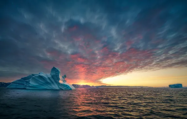 Картинка море, солнце, океан, ледник, Гренландия