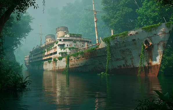 Река, ржавый, обои, корабль, джунгли, арт, wallpaper, river