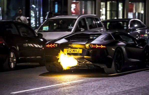 Картинка Lamborghini, fire, black, Aventador, LP 700-4