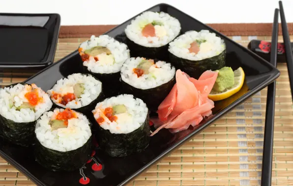 Палочки, поднос, имбирь, Роллы