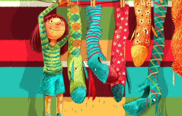 Веревка, девочка, тени, прищепки, Sock Monsters