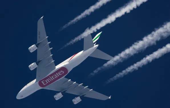 Самолет, Лайнер, A380, Airbus, Авиалайнер, Airbus A380, В полете, Emirates Airlines