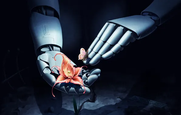 Картинка цветок, бабочка, робот, руки, арт