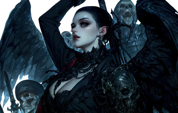 Girl, Skull, Wings, Black Wings, AI Art, AI Generated