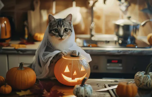 Кошка, кот, поза, наряд, тыква, Хэллоуин, мордашка, привидение