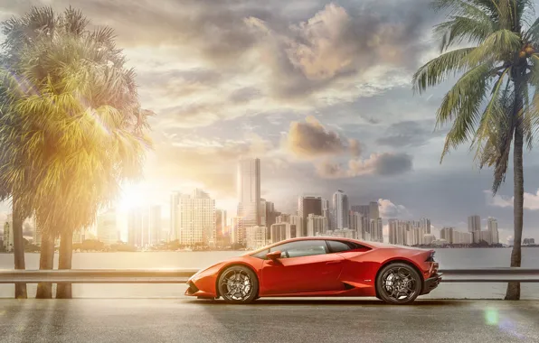 Транспорт, автомобиль, небоскрёбы, Lamborghini Huracán, In Miami