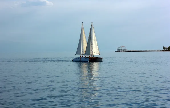 Море, небо, вода, лодка, пирс, парус