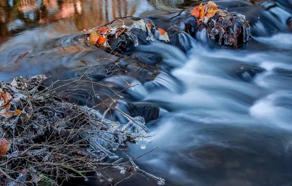 Картинка осень, вода, ветки, природа, река, камни, течение, лёд