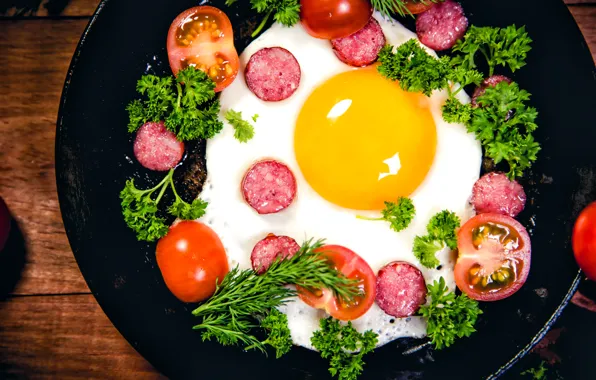 Зелень, яйцо, помидоры, петрушка, колбаса, Tomatoes, Sausage, omelette