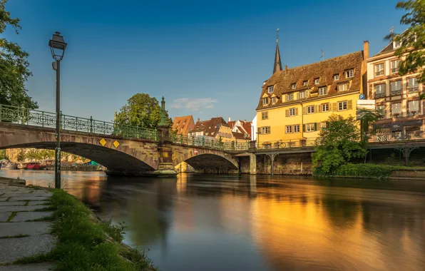 Мост, река, Франция, здания, дома, фонарь, Страсбург, France