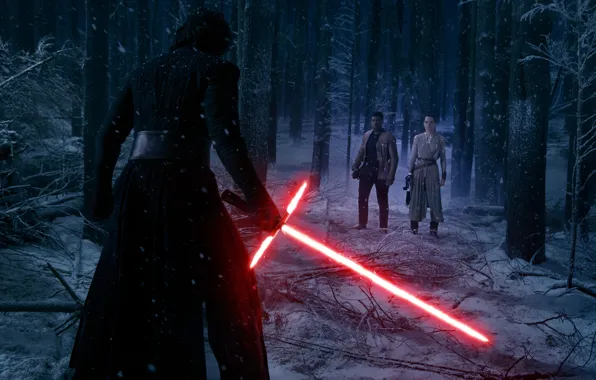 Картинка лес, снег, деревья, ночь, фантастика, меч, Finn, Star Wars: The Force Awakens