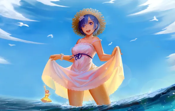 Girl, sexy, sky, dress, sea, anime, water, beautiful