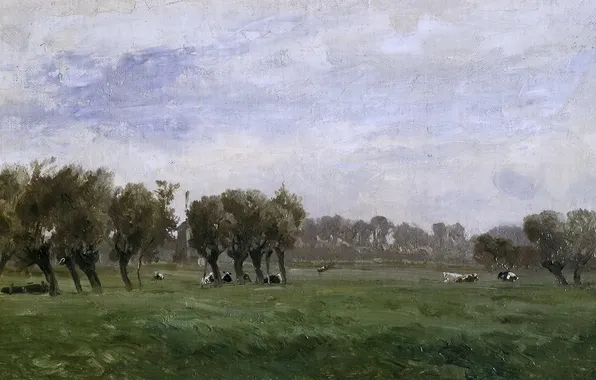 Картинка трава, деревья, пейзаж, картина, коровы, Карлос де Хаэс, Голландские Луга