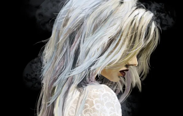 Картинка девушка, волосы, арт, блондинка, губы, профиль, черный фон