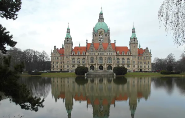 Картинка пейзаж, пруд, отражение, Германия, Ганновер, новая ратуша
