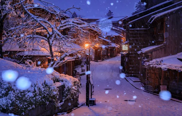 Картинка зима, снег, снежинки, огни, улица, дома, вечер, Япония