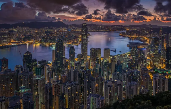 Картинка небо, облака, город, Гонконг, утро, Китай, Hong Kong, КНР