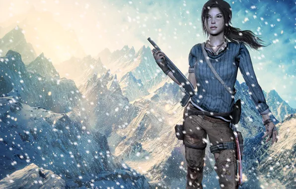 Девушка, снег, оружие, Tomb Raider, Лара Крофт, дробовик, снежные горы, Lara Croft