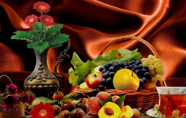 Картинка цветы, чай, фрукты, Натюрморе