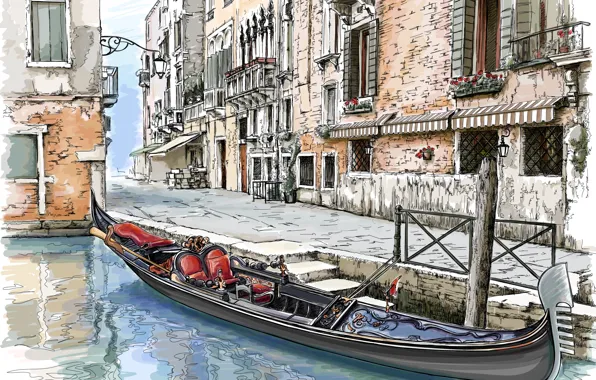 Картинка город, улица, дома, живопись, гондола, венеция