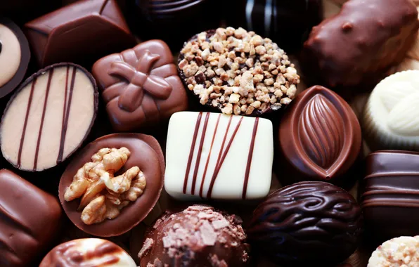 Белый, темный, шоколад, конфеты, сладости, орехи, десерт, сладкое