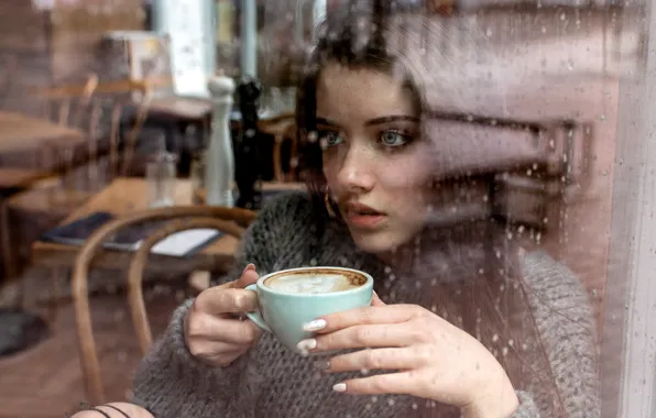 Картинка Girl, rain, long hair, blue eyes, model, cup, mood, water drops, bokeh, window, lips, face, …