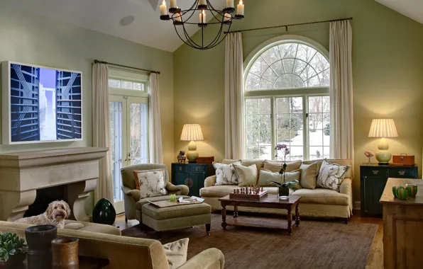 Интерьер, камин, гостиная, New Jersey, transitional design