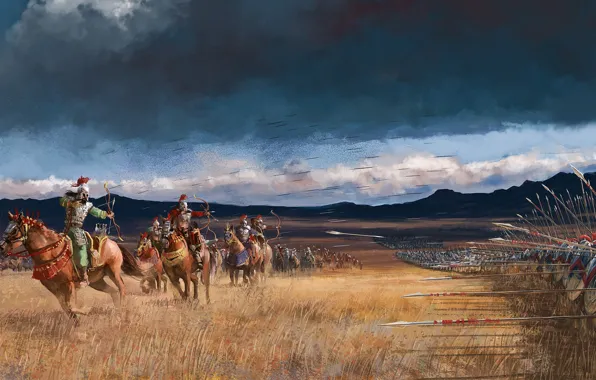Картинка битва, сражение, стрелы, воины, всадники, поле боя, копья, Kelvin Liew