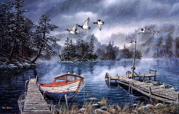 Картинка озеро, лодка, утки, причал, катер, фонарь, живопись, поздняя осень