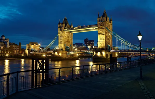 Картинка свет, ночь, city, город, река, Англия, Лондон, фонарь