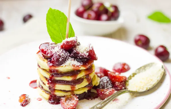 Вишня, блины, десерт, сироп, кокосовая стружка, pancakes, оладьи