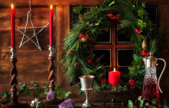 Картинка звезда, свечи, окно, Рождество, Новый год, венок, графин, декорация