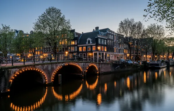 Картинка вода, мост, окна, здания, вечер, Амстердам, канал, Кейзерсграхт