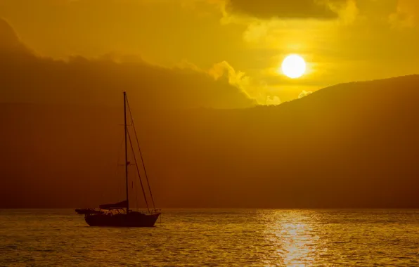 Sky, ocean, sunset, blue, mountains, clouds, island, sun
