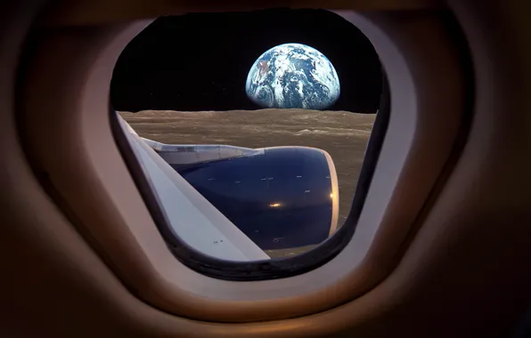 Самолет, луна, иллюминатор, moon, airplane, под крылом
