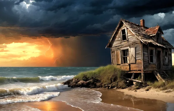 Картинка storm, sea, painting, shore, hut
